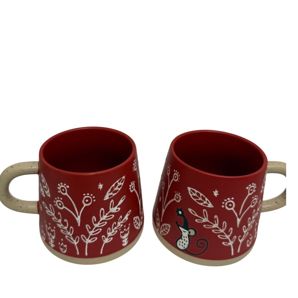 Set of 2 Red Whimsical Botanical Mouse Ceramic Mugs Speckled Handle 3.75"